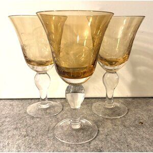 3 Amber Glass Goblets/Wine Glasses With Etched Palm Trees  8"Handblown  # 3247